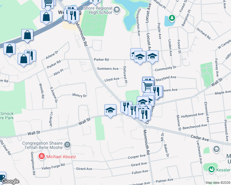map of restaurants, bars, coffee shops, grocery stores, and more near 308 Monmouth Road in West Long Branch