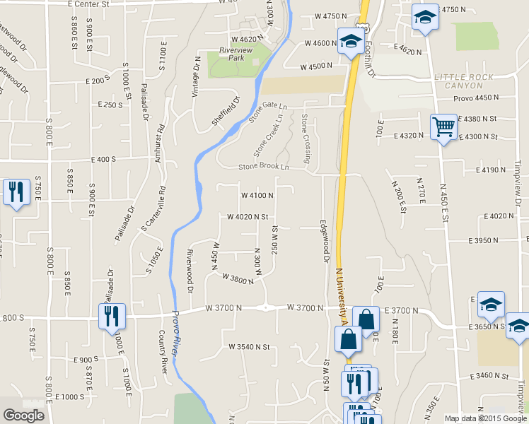 map of restaurants, bars, coffee shops, grocery stores, and more near 282 West 4020 North in Provo