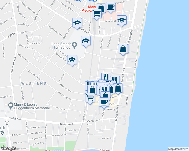 map of restaurants, bars, coffee shops, grocery stores, and more near 153 Hulick Street in Long Branch