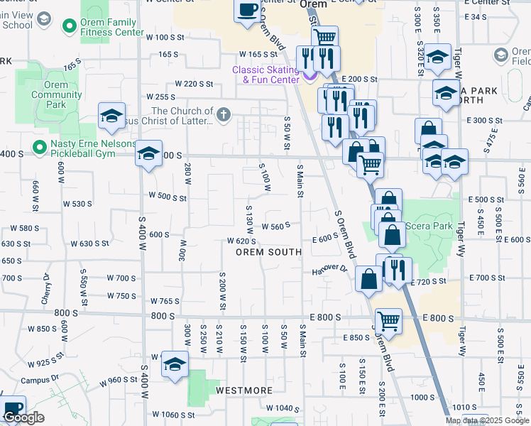 map of restaurants, bars, coffee shops, grocery stores, and more near 193 West 530 South in Orem