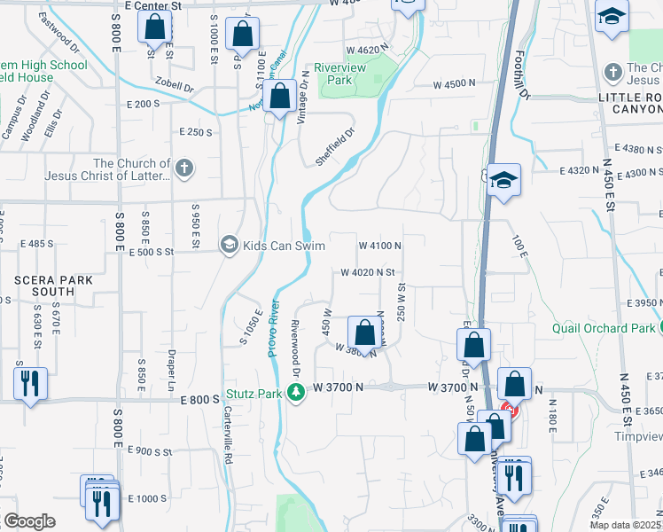 map of restaurants, bars, coffee shops, grocery stores, and more near 5600 North 450 West in Provo