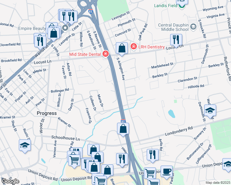 map of restaurants, bars, coffee shops, grocery stores, and more near 630 Santanna Drive in Harrisburg
