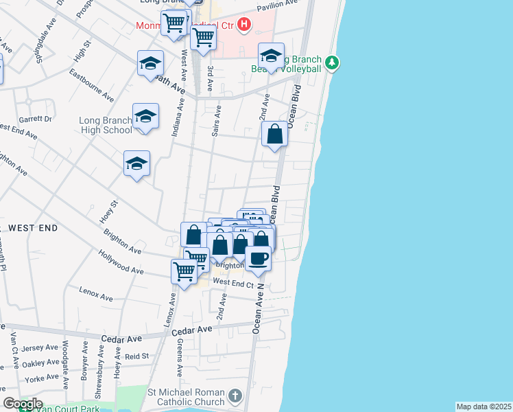 map of restaurants, bars, coffee shops, grocery stores, and more near 49 Passey Gardens in Long Branch