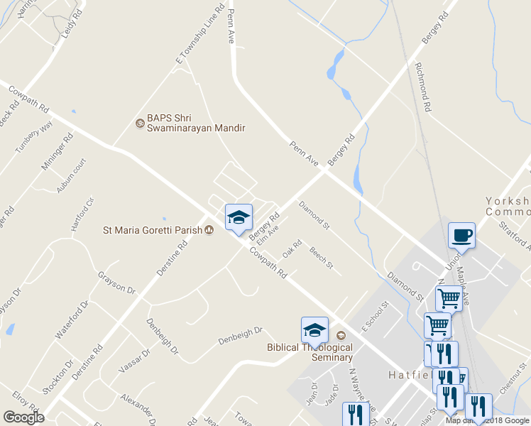 map of restaurants, bars, coffee shops, grocery stores, and more near 8 Randell Avenue in Hatfield