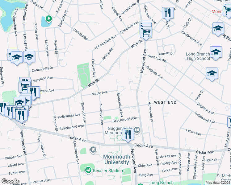 map of restaurants, bars, coffee shops, grocery stores, and more near 45 Brookwillow Avenue in West Long Branch