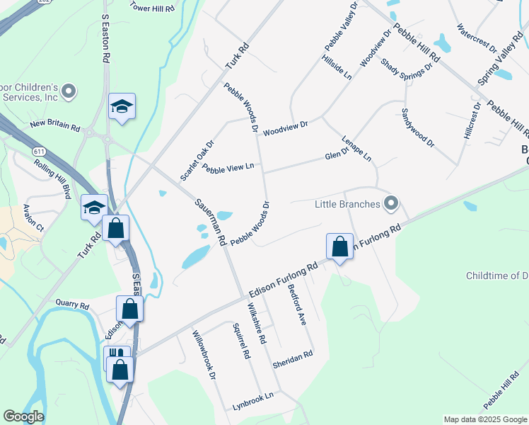map of restaurants, bars, coffee shops, grocery stores, and more near 129 Pebble Woods Drive in Doylestown