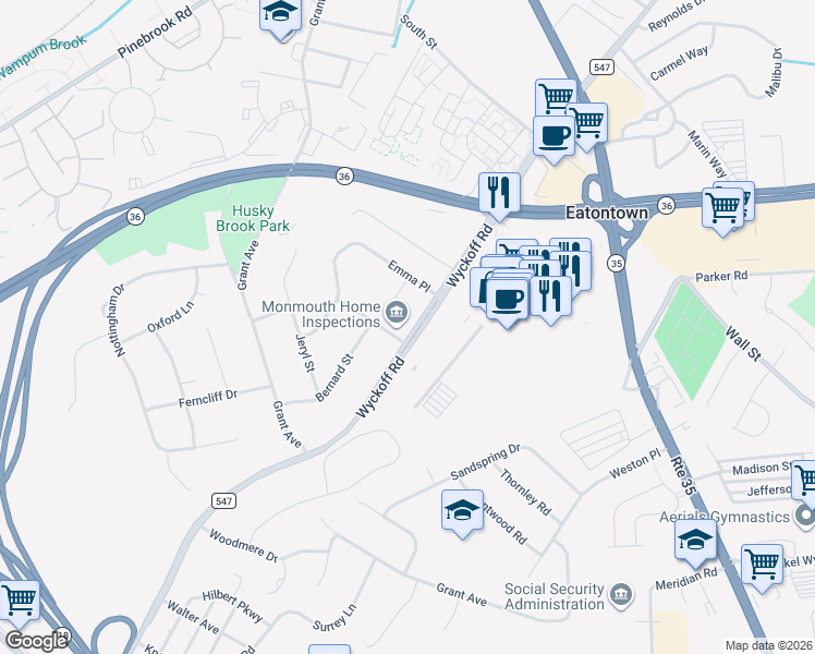 map of restaurants, bars, coffee shops, grocery stores, and more near 217 Wyckoff Road in Eatontown