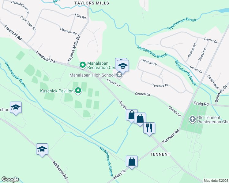 map of restaurants, bars, coffee shops, grocery stores, and more near 140A Freehold Road in Manalapan Township