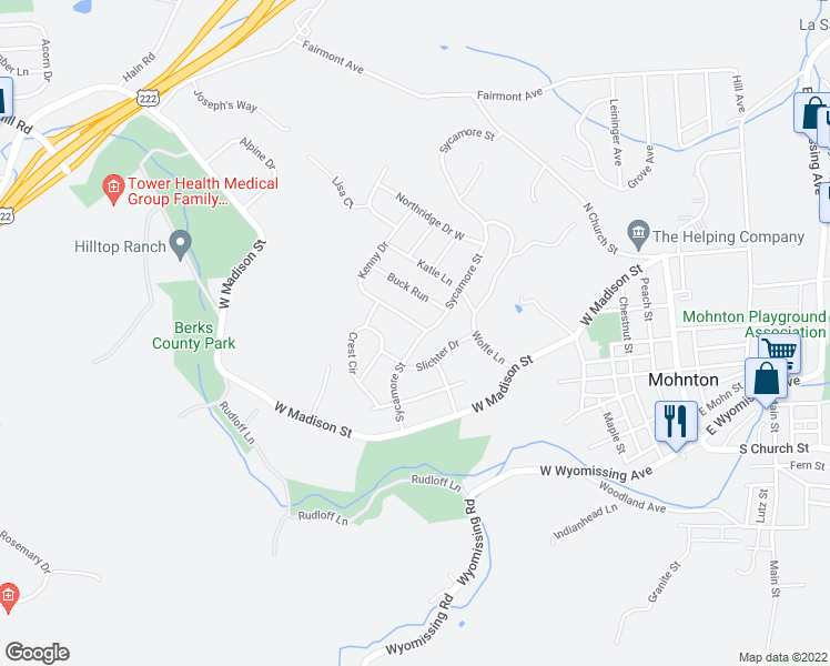 map of restaurants, bars, coffee shops, grocery stores, and more near 500 Sycamore Street in Mohnton