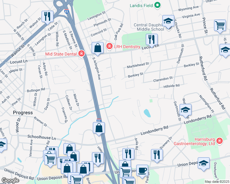 map of restaurants, bars, coffee shops, grocery stores, and more near 4214 Ridge Drive in Harrisburg