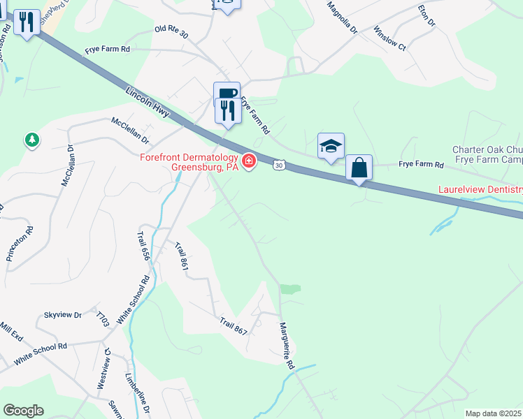map of restaurants, bars, coffee shops, grocery stores, and more near 3001 Williamsburg Drive in Latrobe