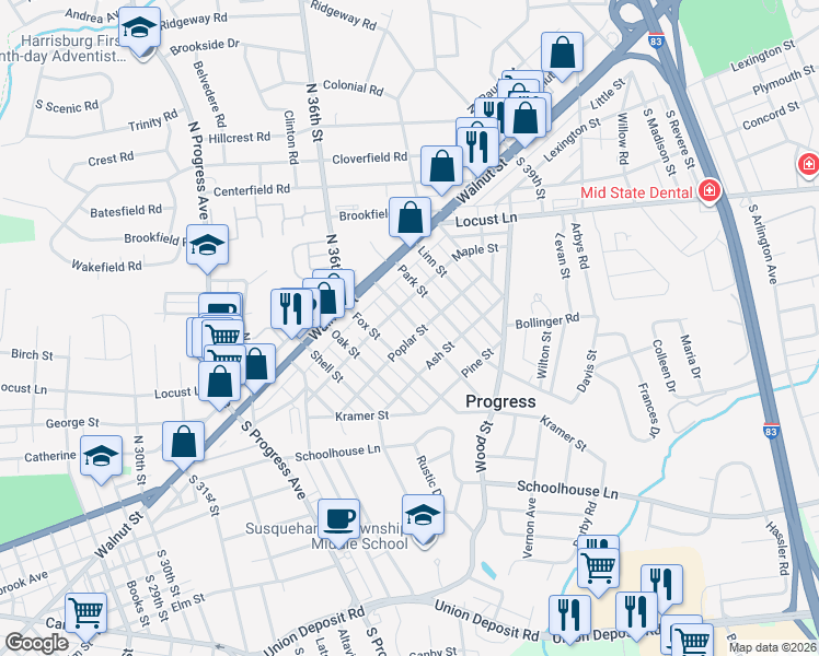 map of restaurants, bars, coffee shops, grocery stores, and more near 201 Fishburn Street in Harrisburg