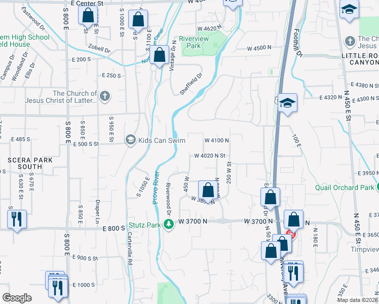 map of restaurants, bars, coffee shops, grocery stores, and more near 4011 West 450 North in Provo