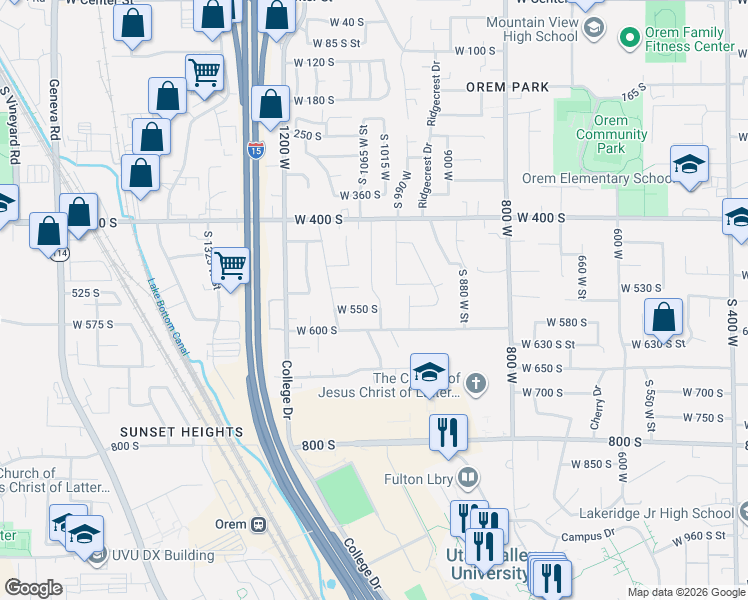 map of restaurants, bars, coffee shops, grocery stores, and more near 549S South 1020 West Street in Orem