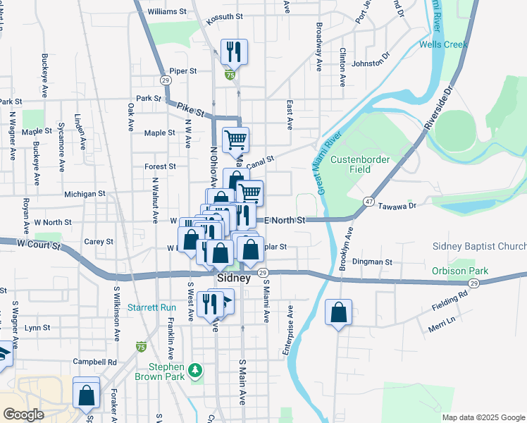 map of restaurants, bars, coffee shops, grocery stores, and more near 300-456 E North St in Sidney