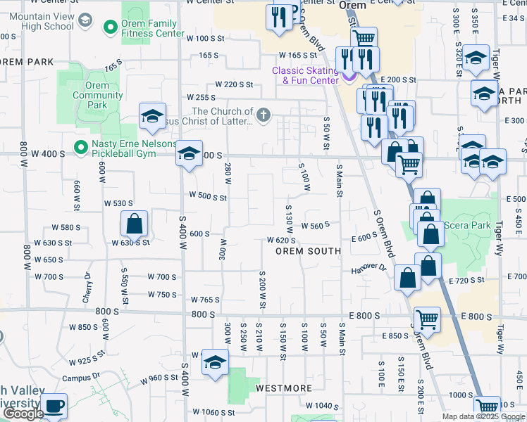 map of restaurants, bars, coffee shops, grocery stores, and more near 193 West 530 South in Orem