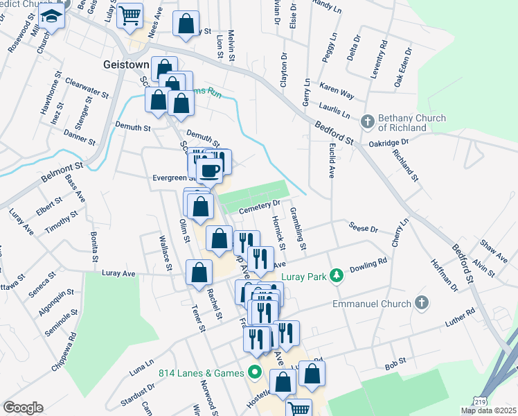 map of restaurants, bars, coffee shops, grocery stores, and more near 500 Cemetery Drive in Johnstown