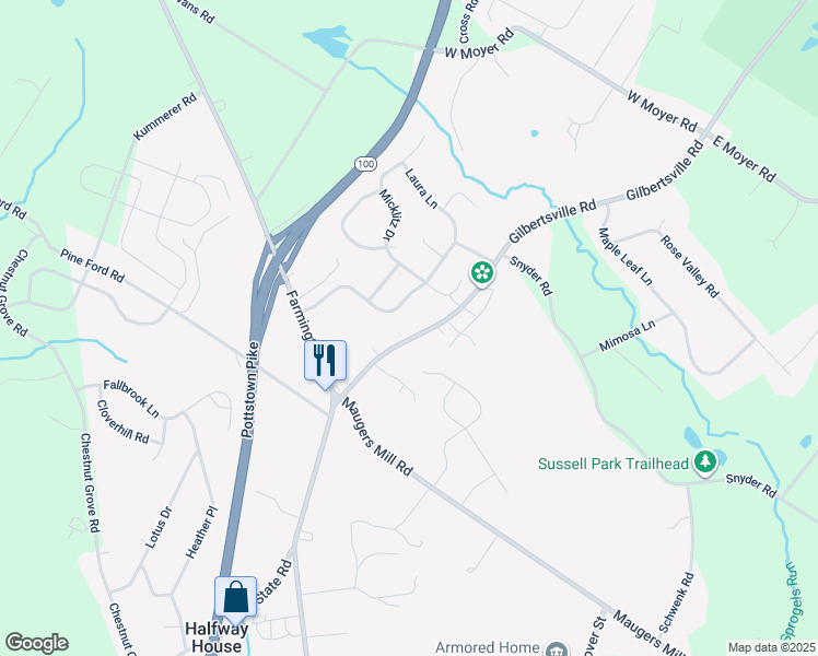 map of restaurants, bars, coffee shops, grocery stores, and more near 1655 Gilbertsville Road in Pottstown