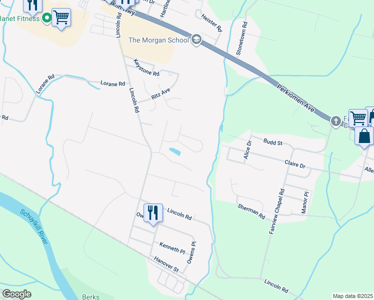 map of restaurants, bars, coffee shops, grocery stores, and more near 6122 Pond View Drive in Birdsboro