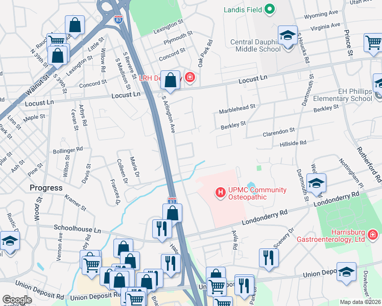 map of restaurants, bars, coffee shops, grocery stores, and more near 4220 Ridge Drive in Harrisburg