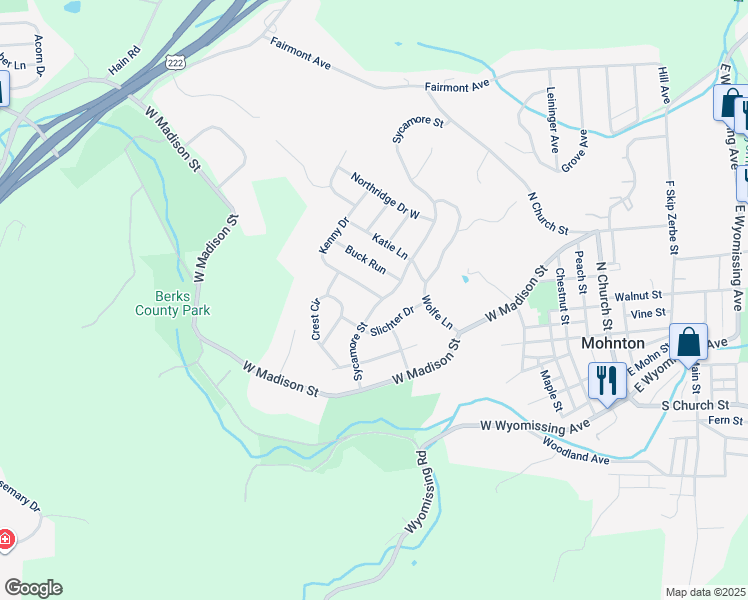 map of restaurants, bars, coffee shops, grocery stores, and more near 500 Sycamore Street in Mohnton