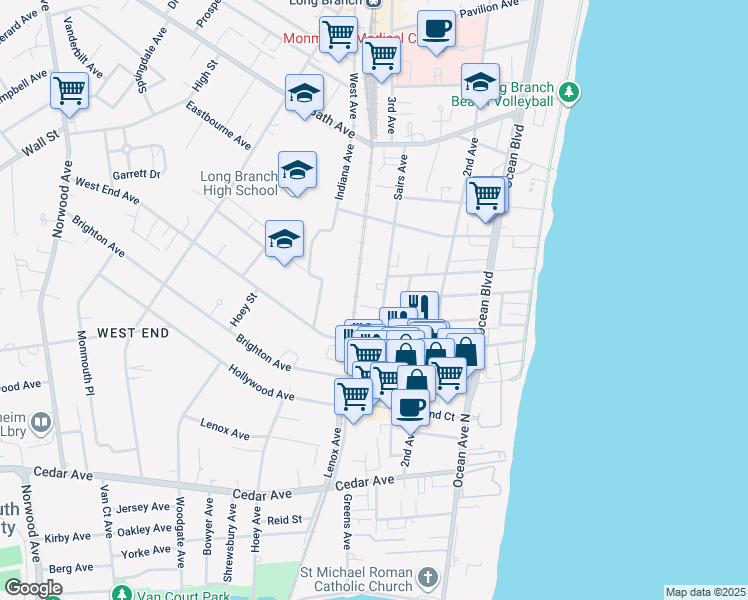 map of restaurants, bars, coffee shops, grocery stores, and more near 153 Hulick Street in Long Branch