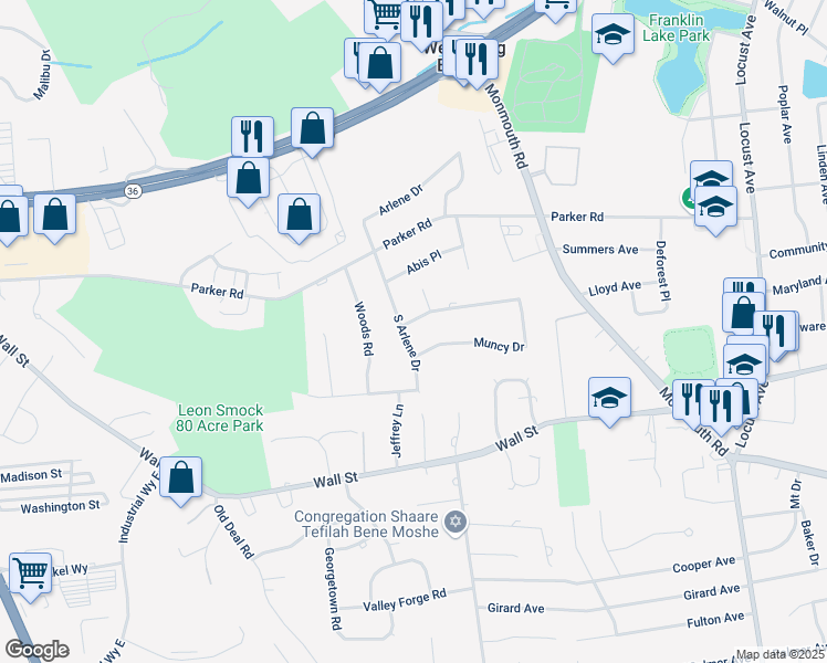 map of restaurants, bars, coffee shops, grocery stores, and more near 37 Muncy Drive in West Long Branch