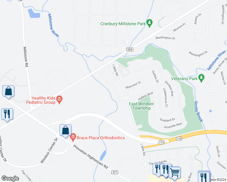 map of restaurants, bars, coffee shops, grocery stores, and more near 2334 Old Stone Mill Drive in East Windsor