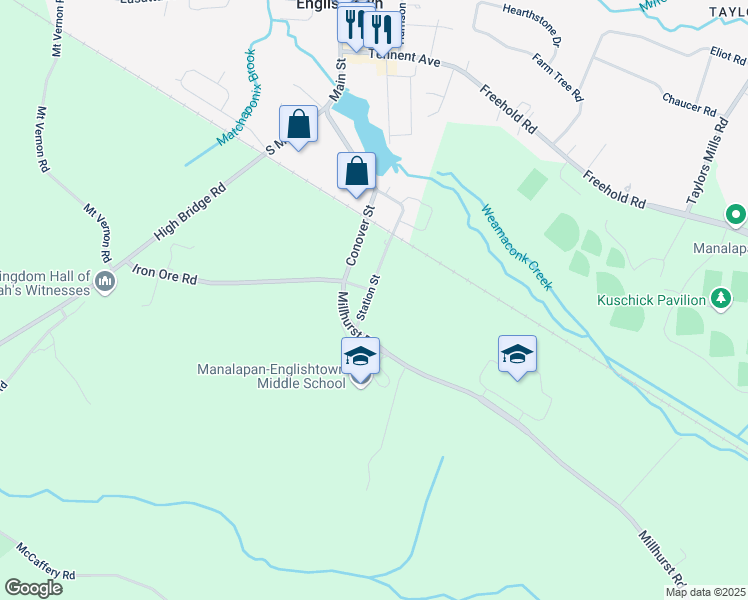 map of restaurants, bars, coffee shops, grocery stores, and more near 27 Station Street in Manalapan Township