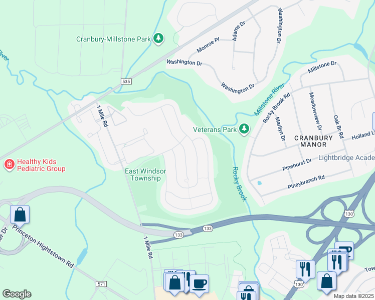 map of restaurants, bars, coffee shops, grocery stores, and more near 9 Copernicus Court in East Windsor