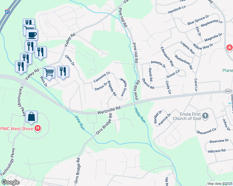 map of restaurants, bars, coffee shops, grocery stores, and more near 2175 Brigade Road in Enola