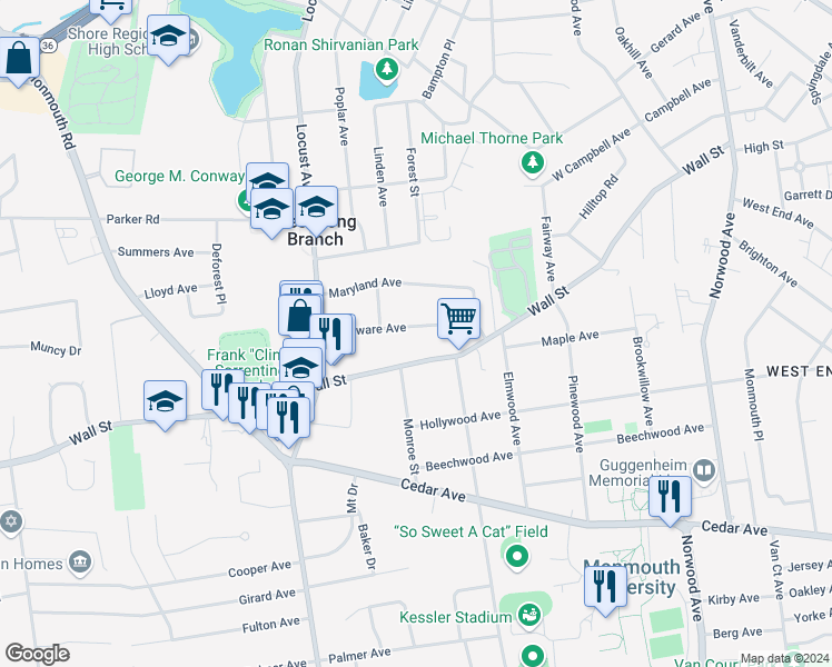 map of restaurants, bars, coffee shops, grocery stores, and more near 42 Delaware Avenue in West Long Branch