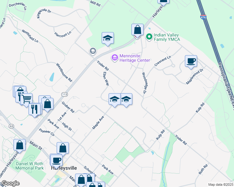 map of restaurants, bars, coffee shops, grocery stores, and more near 506 Devon Circle in Harleysville