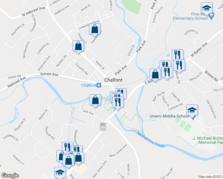 map of restaurants, bars, coffee shops, grocery stores, and more near 58 North Main Street in Chalfont