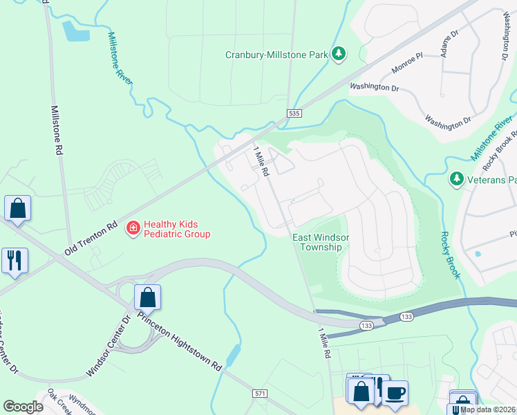 map of restaurants, bars, coffee shops, grocery stores, and more near 2433 Old Stone Mill Drive in East Windsor