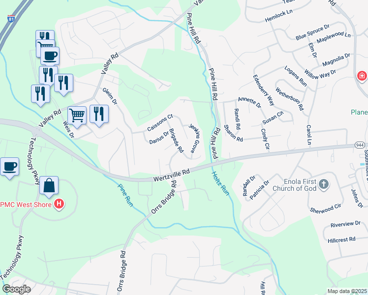 map of restaurants, bars, coffee shops, grocery stores, and more near 2175 Brigade Road in Enola