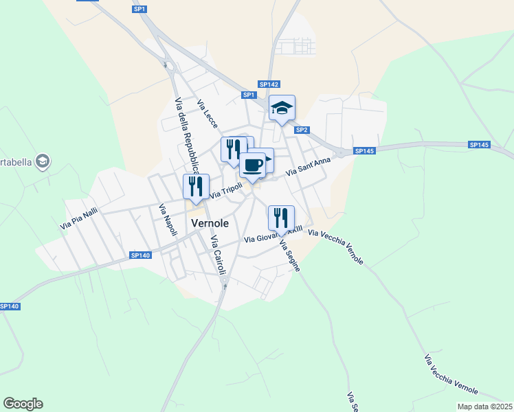 map of restaurants, bars, coffee shops, grocery stores, and more near 69 Via Roma in Vernole