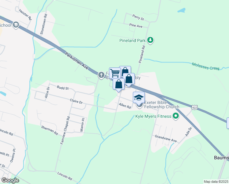 map of restaurants, bars, coffee shops, grocery stores, and more near 180 Sunset Manor Drive in Birdsboro