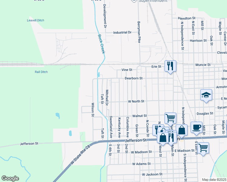 map of restaurants, bars, coffee shops, grocery stores, and more near 422 Kentucky Avenue in Tipton