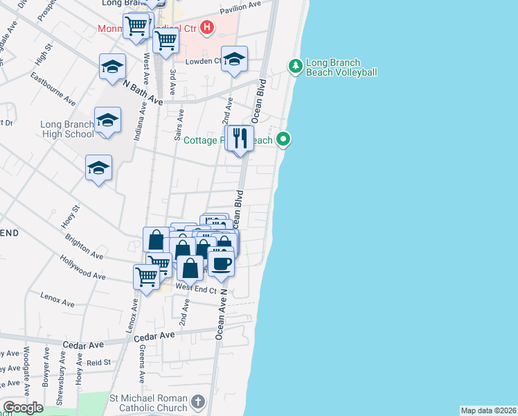map of restaurants, bars, coffee shops, grocery stores, and more near 3 Vine Court in Long Branch