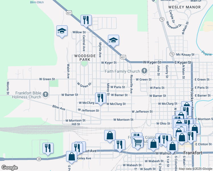 map of restaurants, bars, coffee shops, grocery stores, and more near 1053 West Paris Street in Frankfort