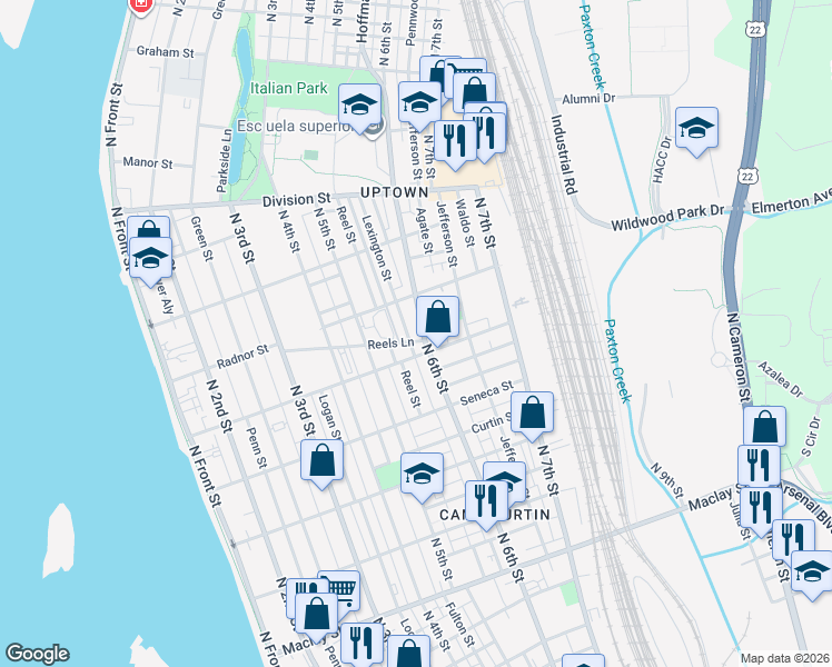 map of restaurants, bars, coffee shops, grocery stores, and more near 2512 North 6th Street in Harrisburg