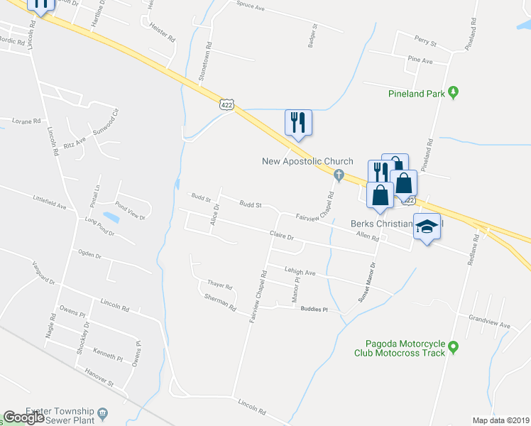 map of restaurants, bars, coffee shops, grocery stores, and more near 1322 Budd Street in Birdsboro