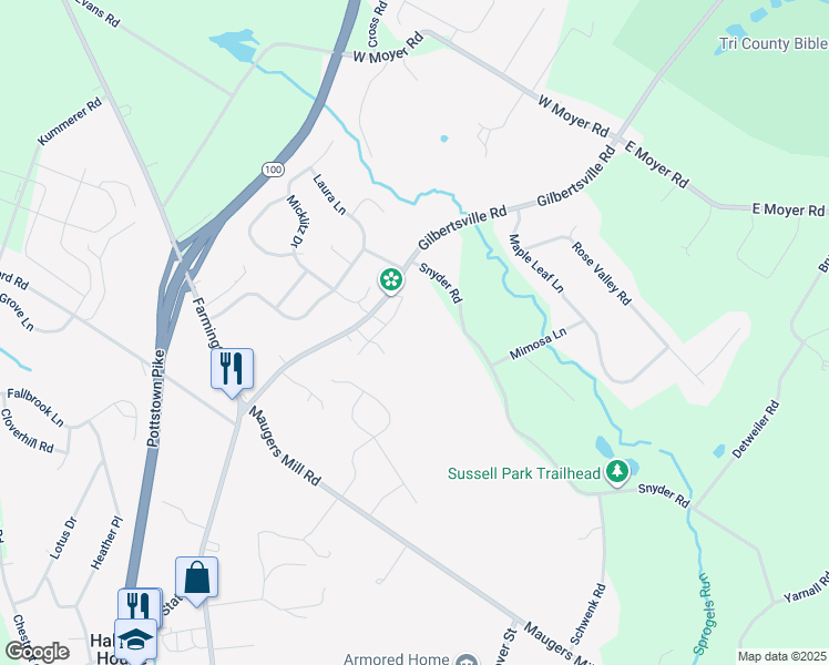 map of restaurants, bars, coffee shops, grocery stores, and more near 1772 Gilbertsville Road in Pottstown