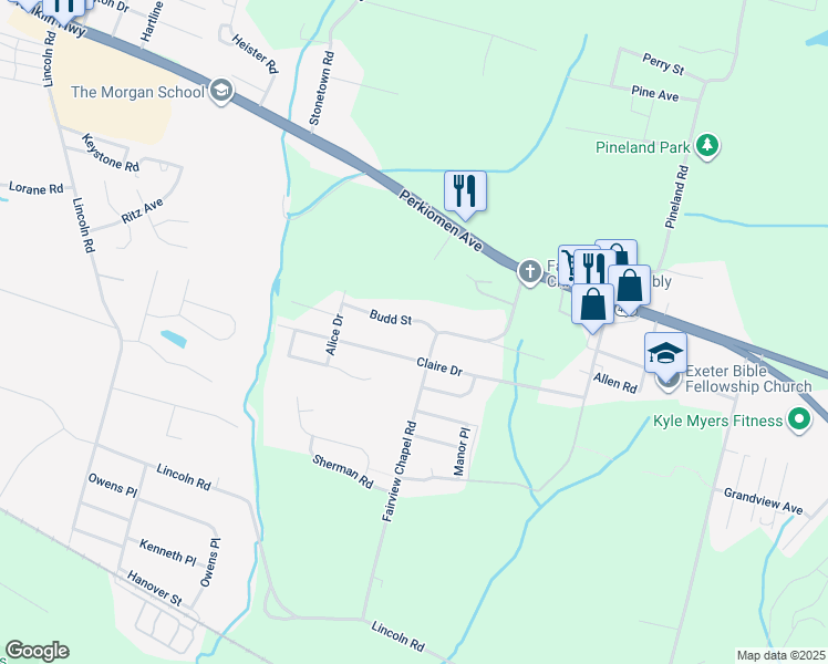 map of restaurants, bars, coffee shops, grocery stores, and more near 1322 Budd Street in Birdsboro
