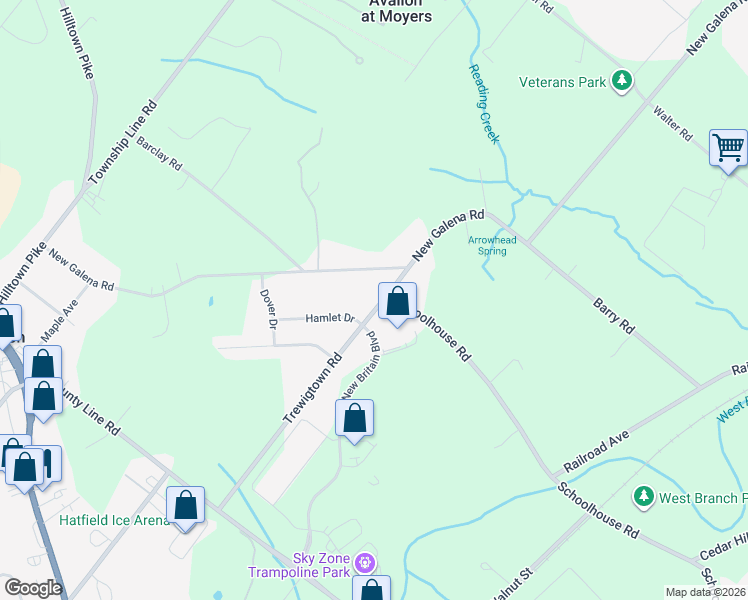 map of restaurants, bars, coffee shops, grocery stores, and more near 300 Hamlet Drive in Chalfont