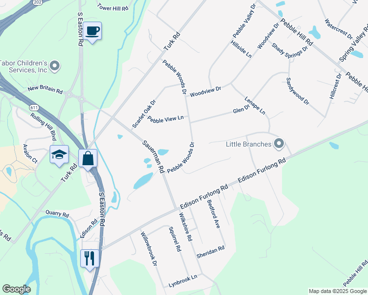 map of restaurants, bars, coffee shops, grocery stores, and more near 129 Pebble Woods Drive in Doylestown