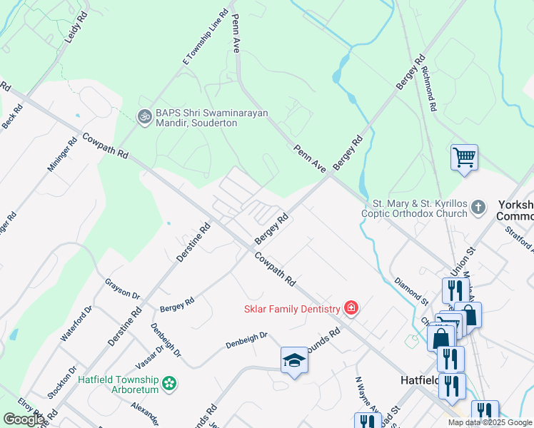 map of restaurants, bars, coffee shops, grocery stores, and more near 8 Randell Avenue in Hatfield