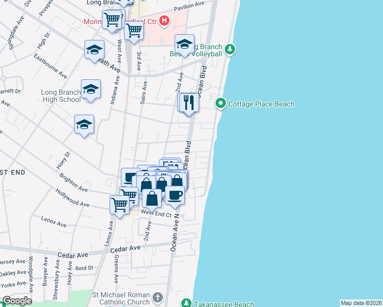 map of restaurants, bars, coffee shops, grocery stores, and more near 519 Ocean Boulevard in Long Branch