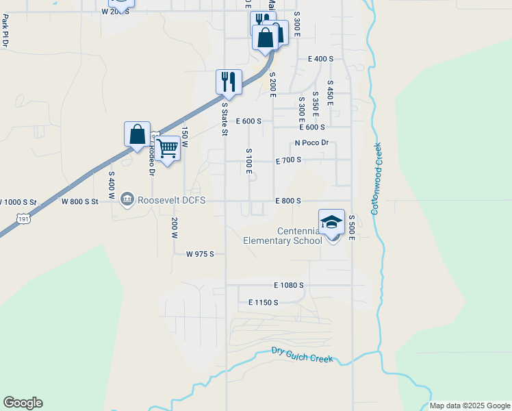 map of restaurants, bars, coffee shops, grocery stores, and more near 158 East 800 South in Roosevelt
